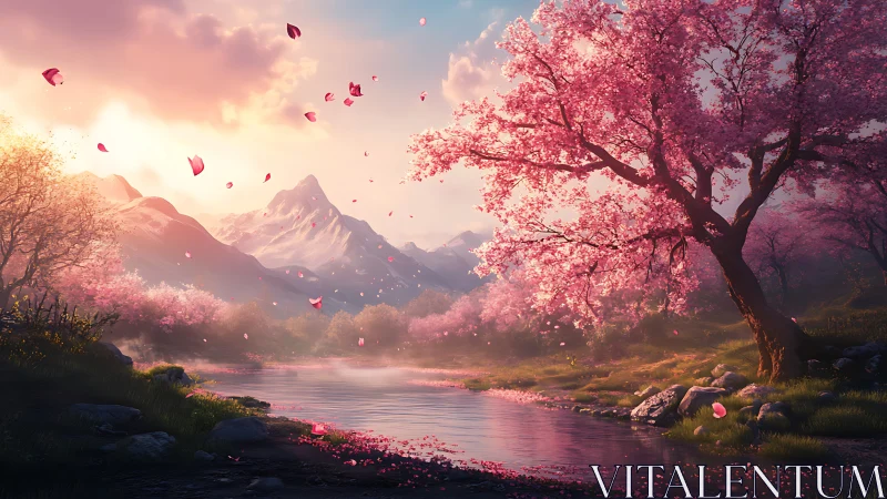 Tranquil cherry blossom river under soft mountain sunset.