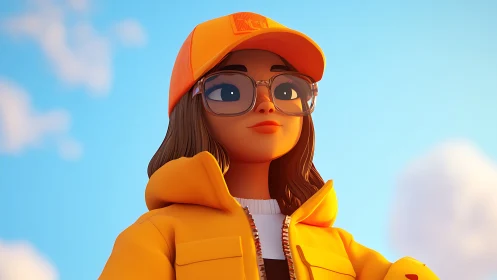 Stylized character in orange jacket and cap faces upward