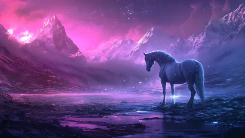 Luminous horse stands in a neon twilight mountain dreamscape