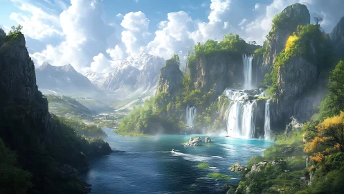 Mountain lake with multi-tier waterfalls and cliffs.