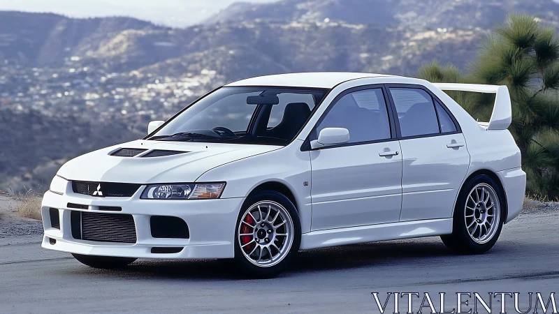 White Mitsubishi Lancer Evolution sedan on mountain road.