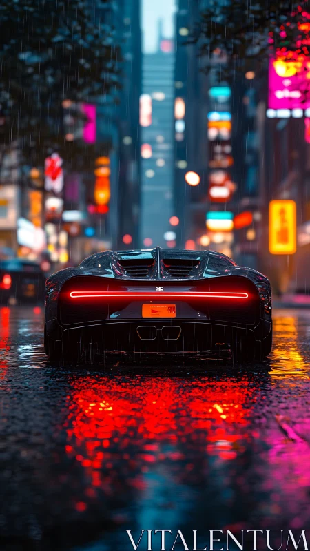 Hypercar rear view in neon-lit rain-soaked city street.
