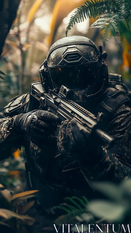Armored tactical operator advances through dense jungle foliage