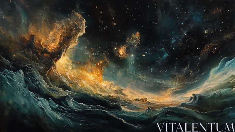 Cosmic seascape with swirling nebula sky and dark waves.