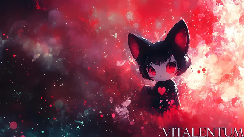 Dreamy cat-eared chibi in a glowing red cosmic swirl.