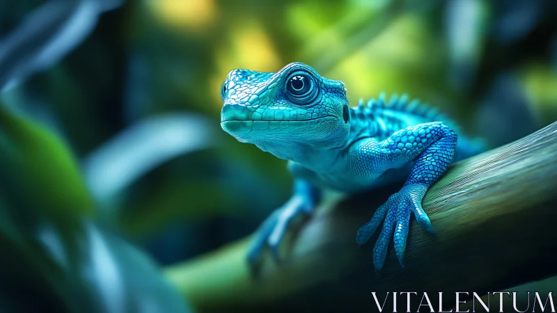 Vivid blue lizard resting on branch in lush jungle light.