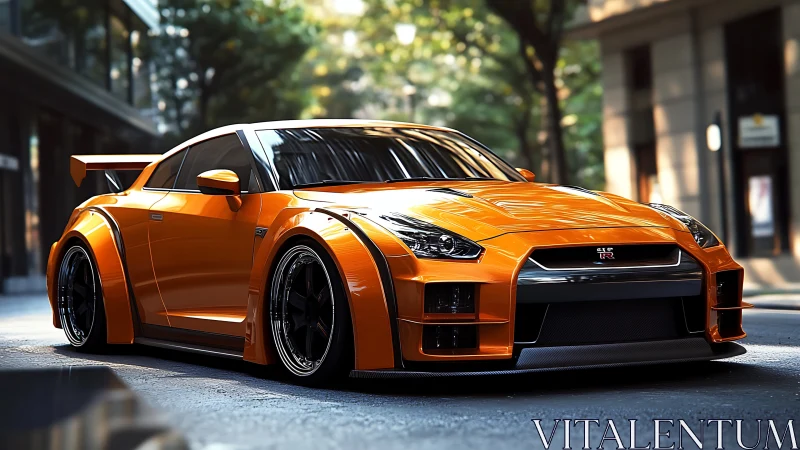 Sunlit orange GT-R prowls a quiet city street on edge.