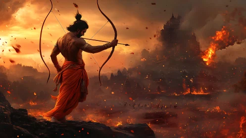 Armed figure surveys burning fortress under dense smoke