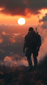 Solitary armored scout overlooking blazing sunset horizon.