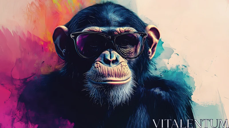 Stylized chimpanzee portrait in sunglasses contrasts neon gradients