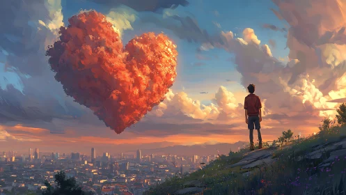 Boy Watching Burning Heart Cloud Over Sunset City