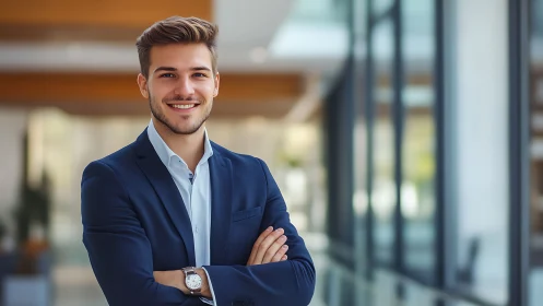 Man in blue suit stands in modern office corridor