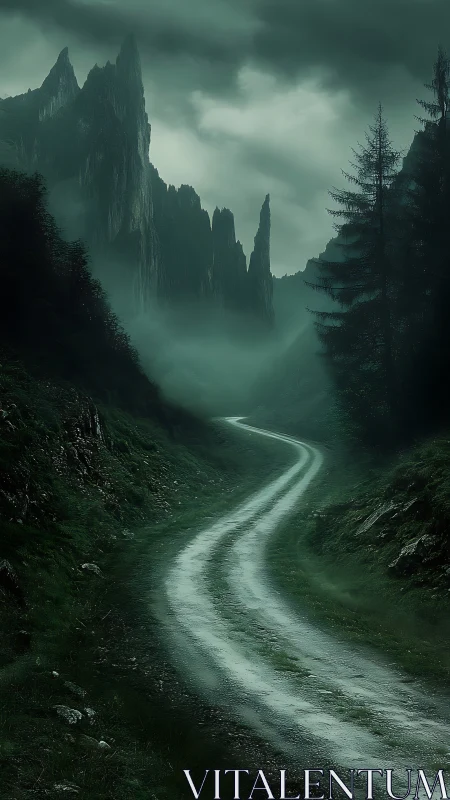 Misty mountain road winds toward jagged, shadowed peaks.