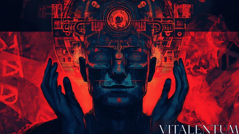 Human figure holds head beneath red mechanical halo structure