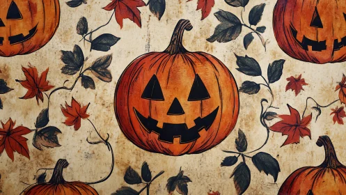 Illustrated Halloween pumpkins with vintage botanical pattern.
