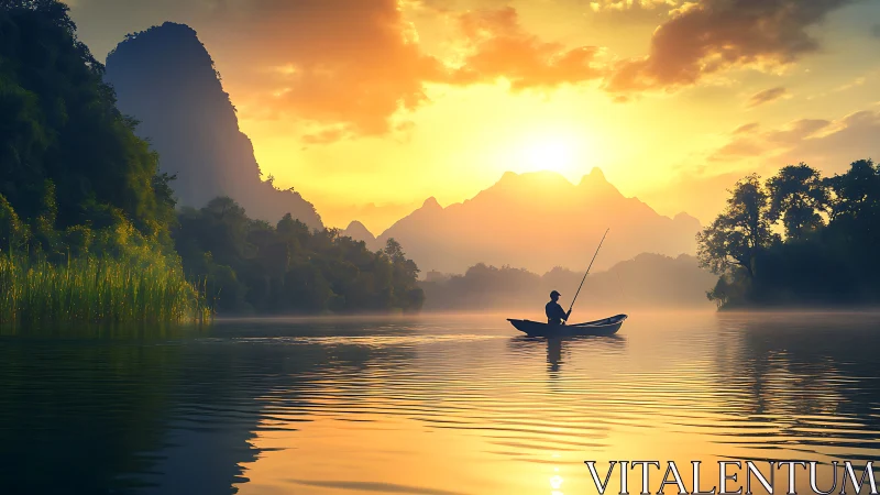 Solitary dawn angler drifting through molten mountain light.