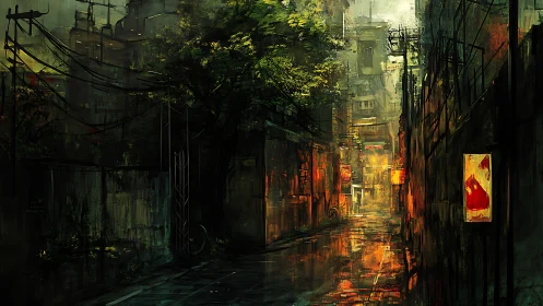 Narrow urban alley is depicted with wet pavement and cables