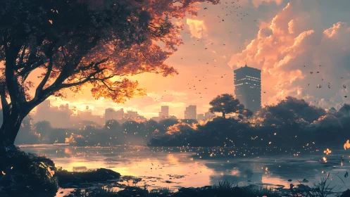 Sunlit lakeside tree overlooks distant urban skyline at dusk