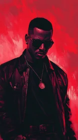 Brooding neon icon wrapped in crimson leather shadowstorm.