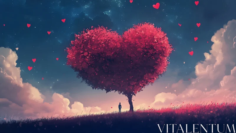 Solitary Figure Beneath Crimson Heart Tree.