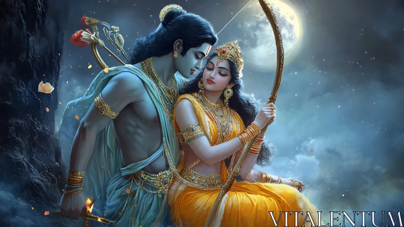 Divine warrior couple under moonlit sky with ornate bow