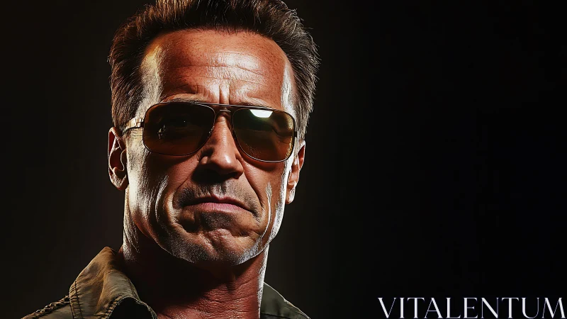 Stoic sunglasses portrait glowing with quiet intensity.