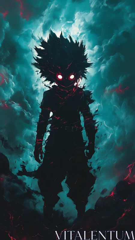 Backlit energy avatar silhouette radiates volatile crimson power