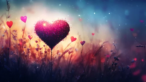 Glowing Hearts in Dreamlike Meadow Landscape.