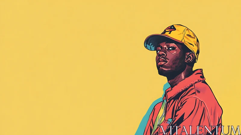 Stylized portrait of man in yellow cap on plain yellow.