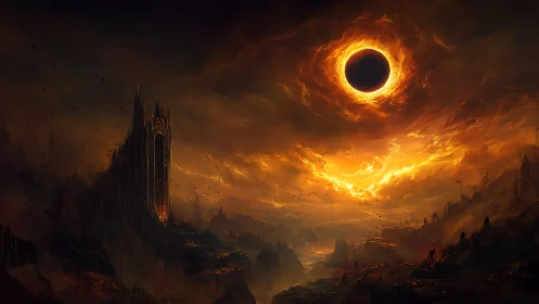 Burning eclipse over dark fortress in fiery wasteland.