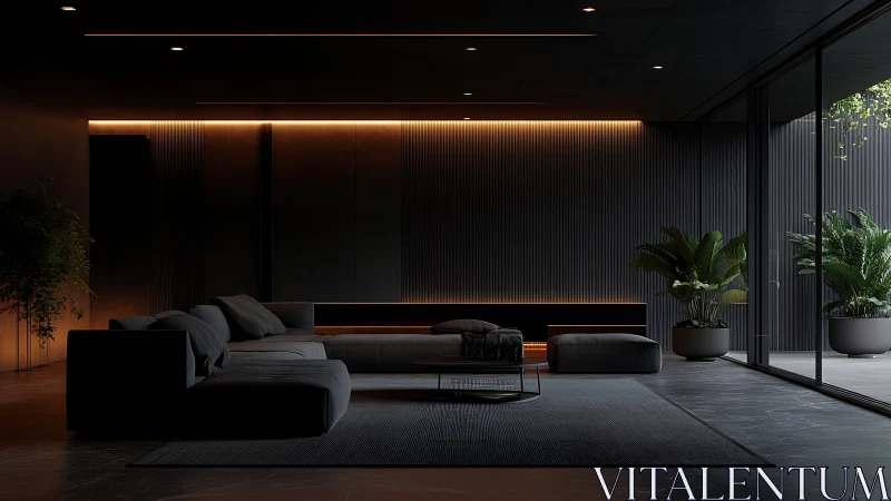 Minimalist dark living room with linear ambient lighting.