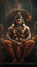 Seated mythological warrior figure occupies ornate throne