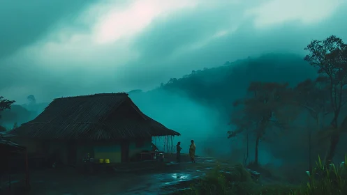 Mist-soaked hillside hut cradles two quiet midnight storytellers