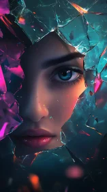 Shattered glass reveals a luminous, hyperreal female gaze.