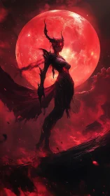 Demonic figure in silhouette before large red lunar disc.