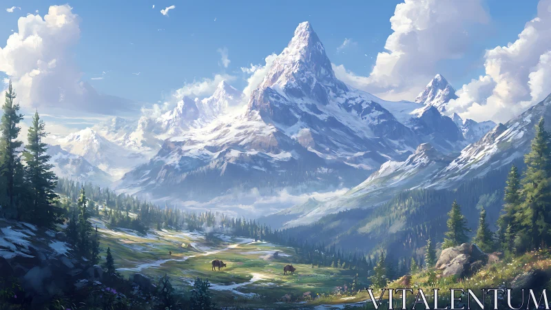 Snow-covered mountain peak dominates a conifer valley landscape