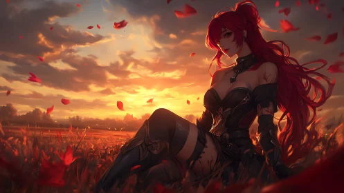 Crimson warrior lounges while the sunset smolders around her