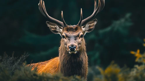 Gentle forest stag standing calm beneath deep green woods.