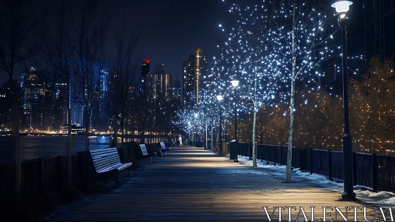 Sparkling riverside walkway glows softly against the city night