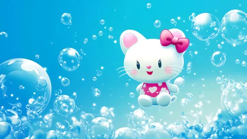 Cartoon white cat character surrounded by blue water bubbles.