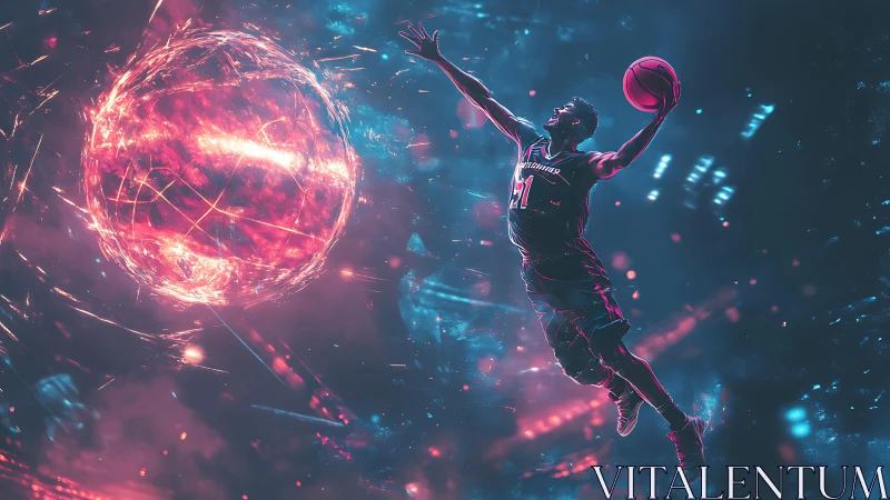 Cosmic dunker ignites neon court beside blazing energy sphere.