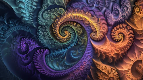 Fractal spiral forms swirl through luminous cosmic color fields.