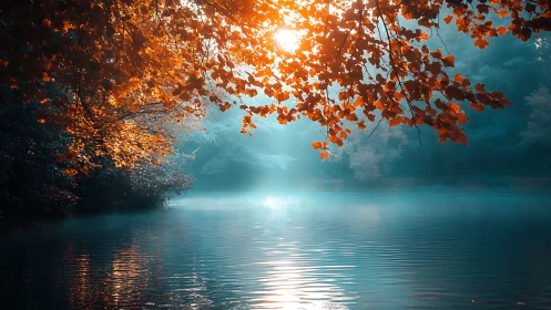 Sunlit autumn foliage over calm blue misty lake water