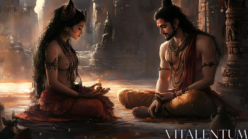 Two seated figures conduct ritual exchange in temple ruins