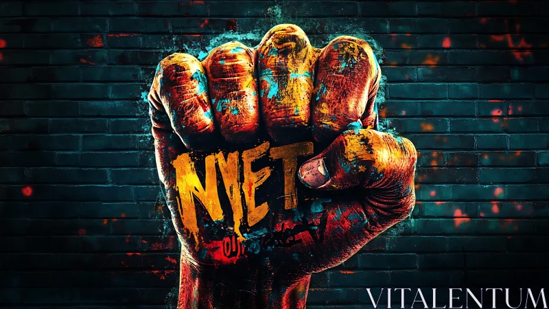 Painted clenched fist against dark brick wall backdrop.