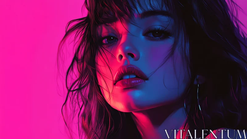 Neon lit digital portrait of woman with vivid color contrast.