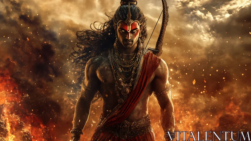 Mythic warrior rendered in high-contrast cinematic firelit composition