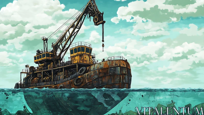 Rusting salvage ship drifts above a hidden seafloor graveyard