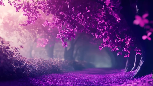 Tree tunnel with pink foliage over curved forest pathway.