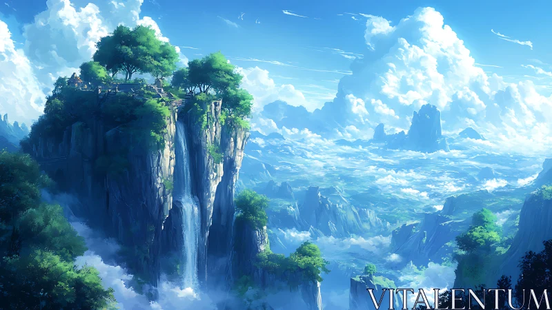 Skyward cliffs with waterfall above layered cloud sea.